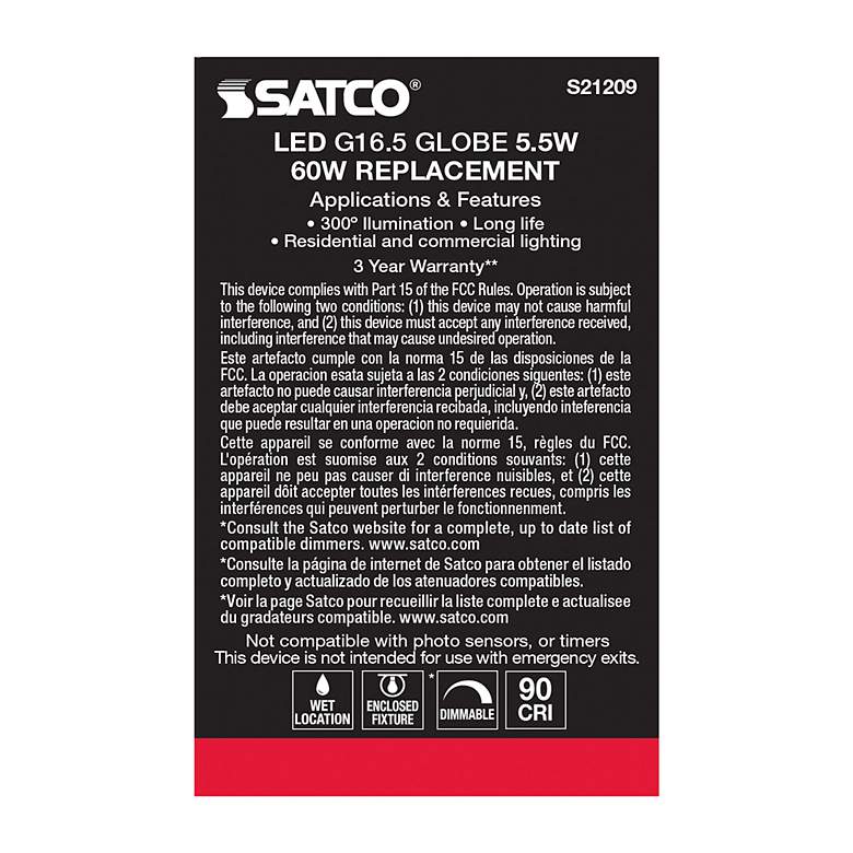 Image 7 60W Equivalent Satco Clear 5.5W LED Dimmable E12 G16.5 Bulb more views