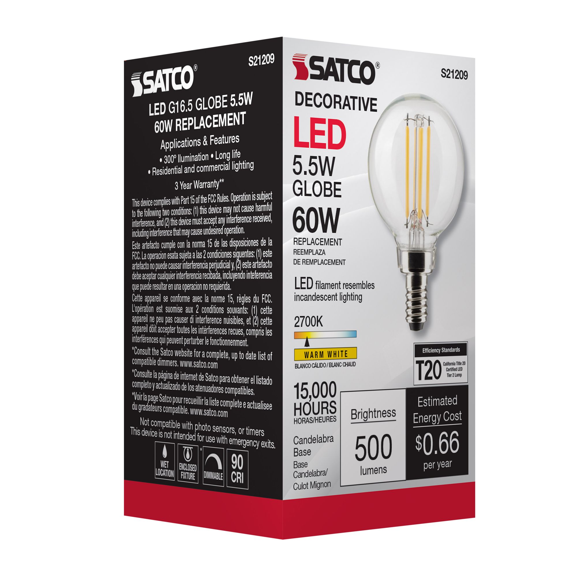 60W Equivalent Satco Clear 5.5W LED Dimmable E12 G16.5 Bulb in scene