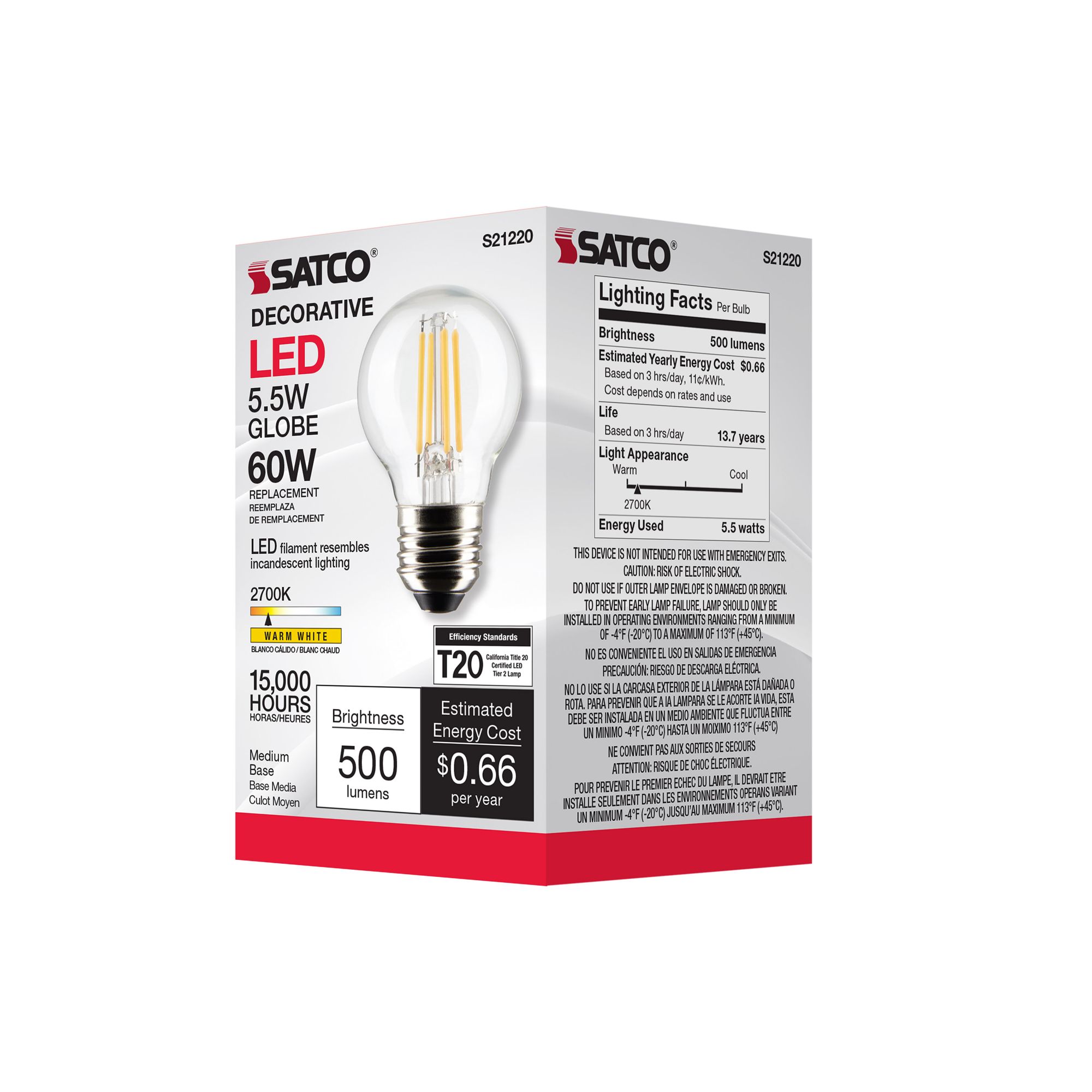 60W Equivalent Satco Clear 5.5W LED Dimmable Standard Bulb in scene