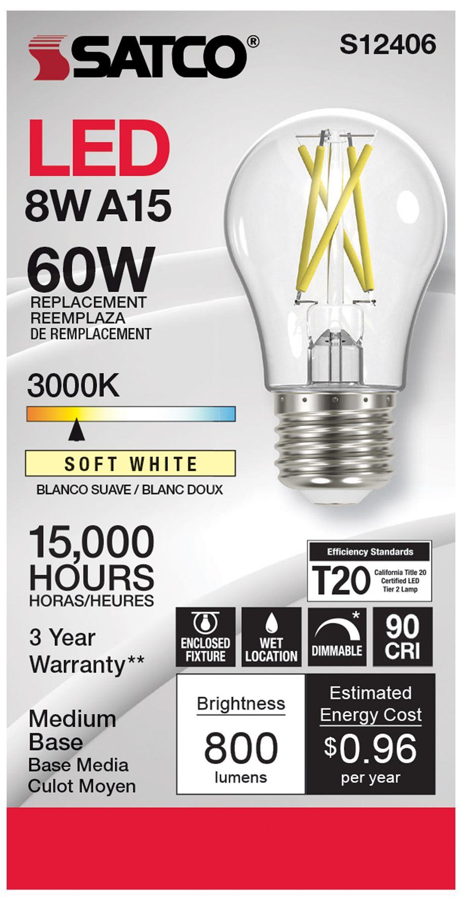 Image 3 60W Equivalent Satco Clear 8.2W LED Dimmable Standard A15 6-Pack more views