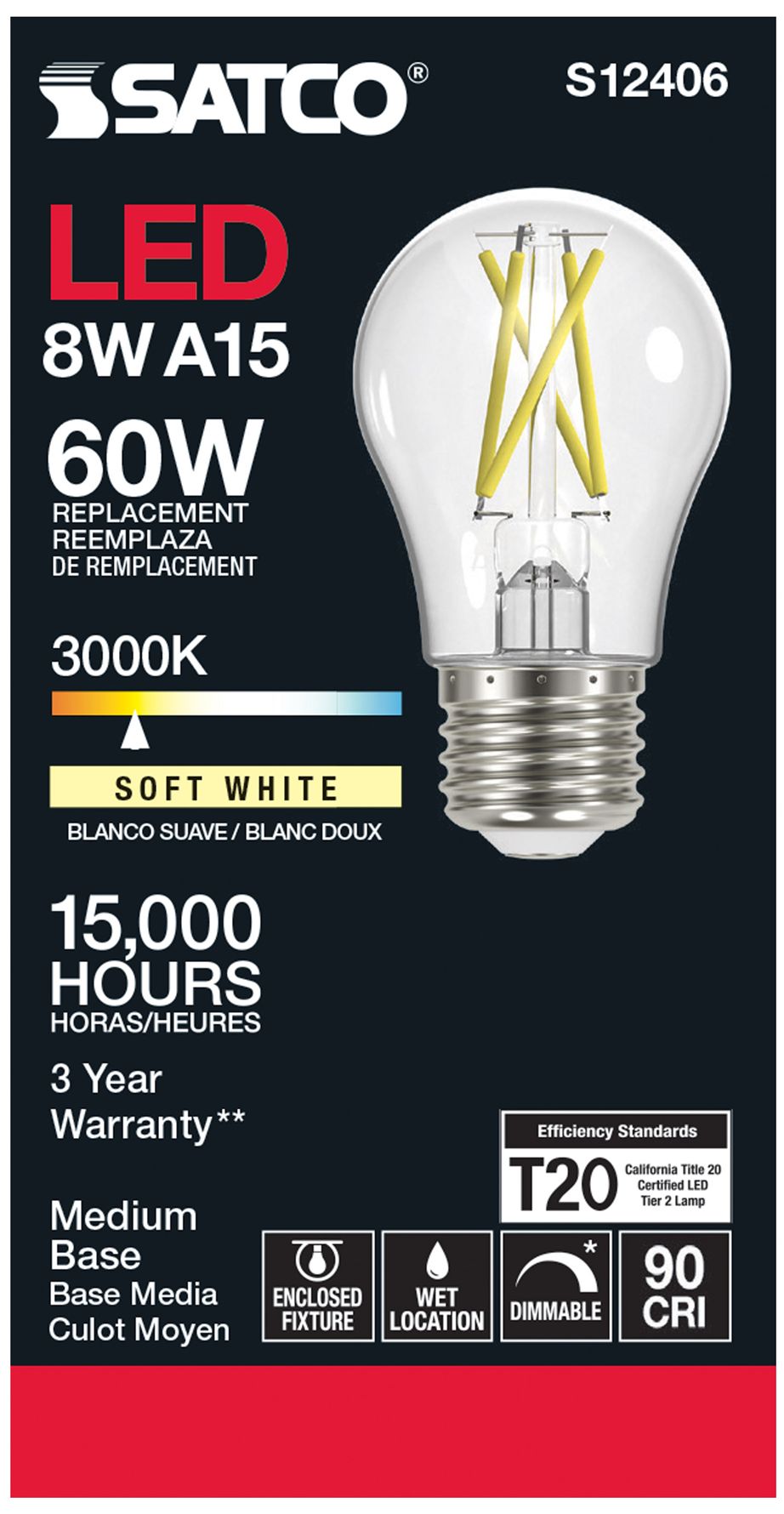 Image 4 60W Equivalent Satco Clear 8.2W LED Dimmable Standard A15 6-Pack more views