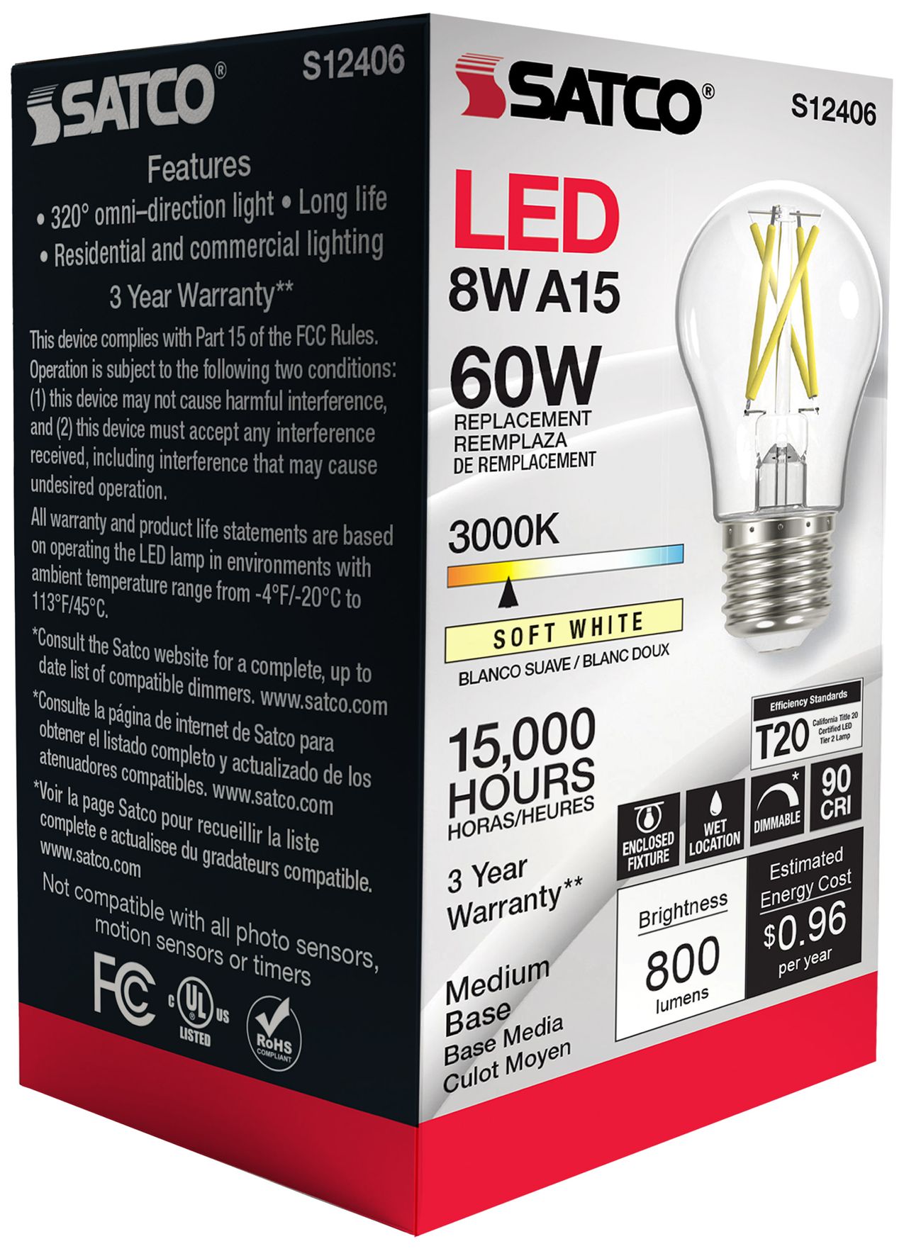 60W Equivalent Satco Clear 8.2W LED Dimmable Standard A15 6-Pack