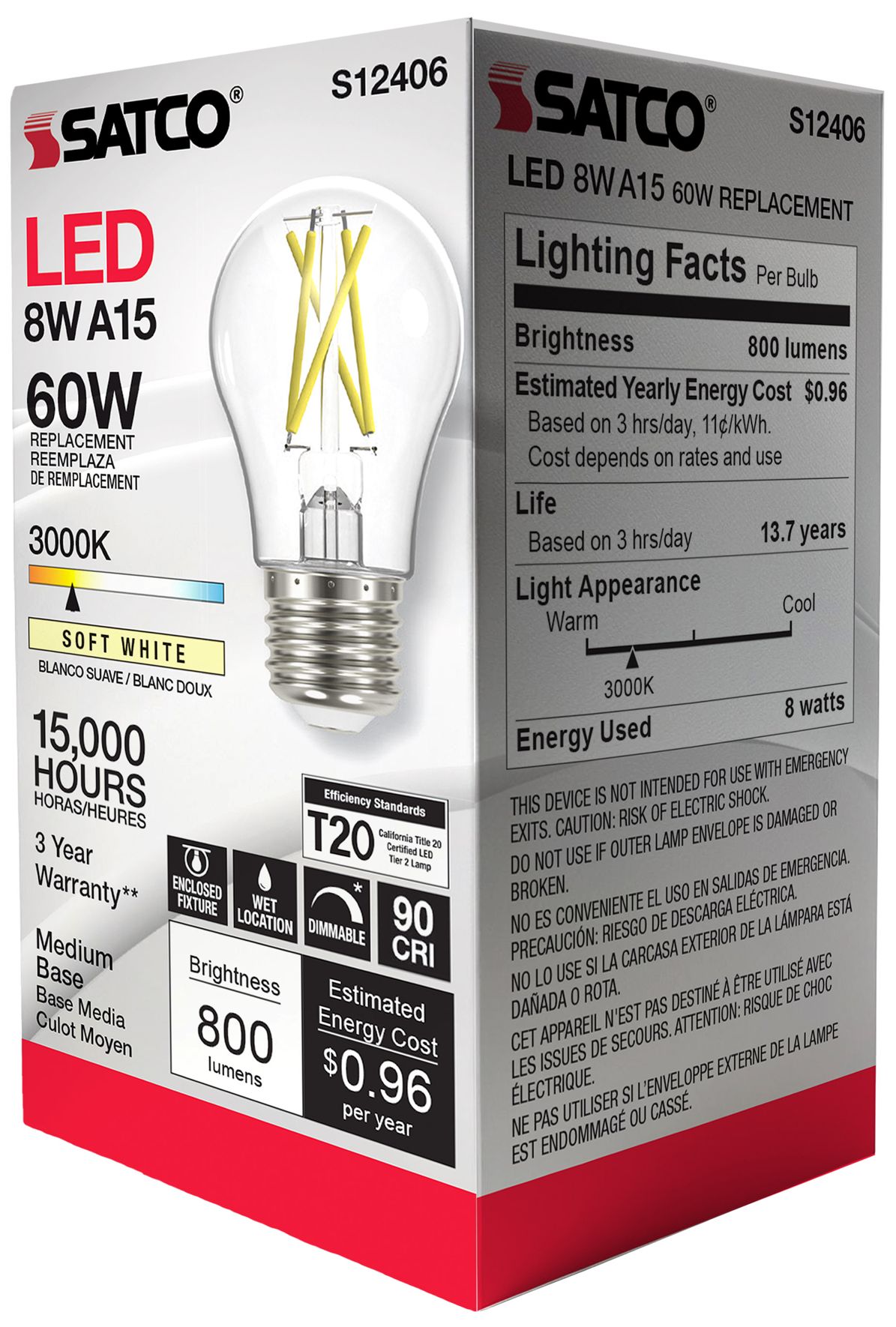 60W Equivalent Satco Clear 8.2W LED Dimmable Standard A15 6-Pack