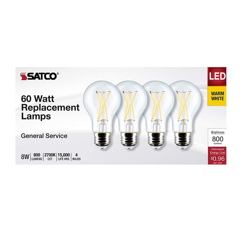 Image 4 60W Equivalent Satco Clear 8W 2700K LED Dimmable E26 4-Pack more views
