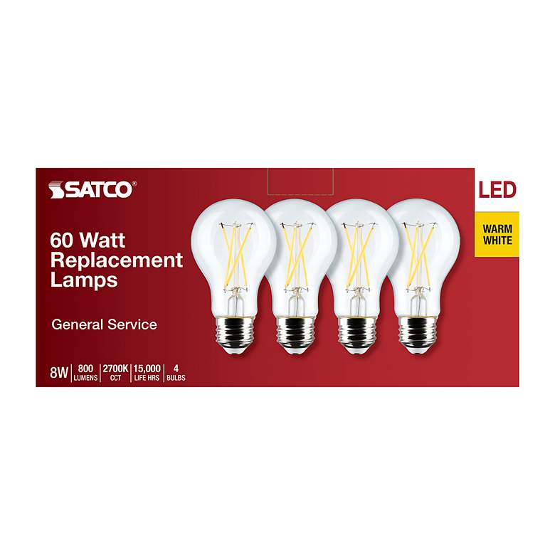 Image 5 60W Equivalent Satco Clear 8W 2700K LED Dimmable E26 4-Pack more views