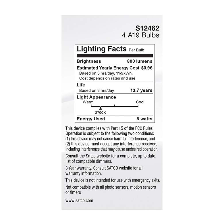 Image 6 60W Equivalent Satco Clear 8W 2700K LED Dimmable E26 4-Pack more views
