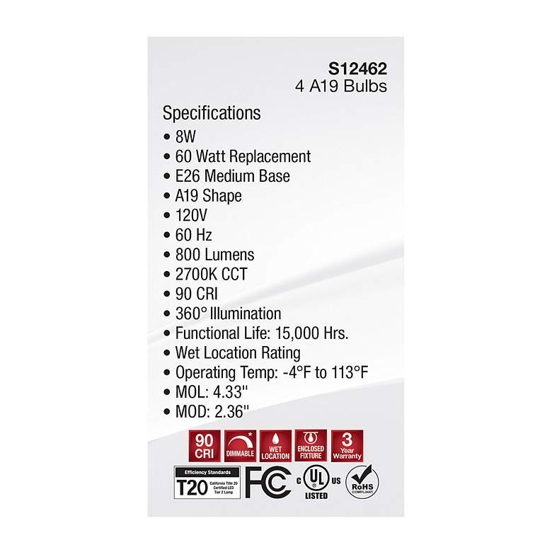 Image 7 60W Equivalent Satco Clear 8W 2700K LED Dimmable E26 4-Pack more views