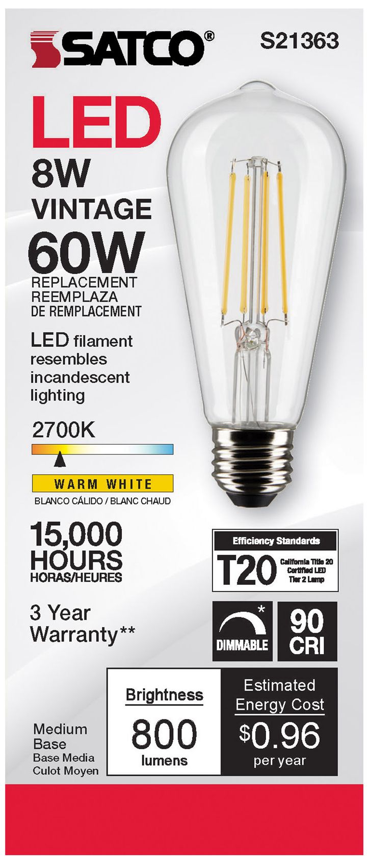 Image 4 60W Equivalent Satco Clear 8W 2700K LED Dimmable E26 ST19 6-Pack more views