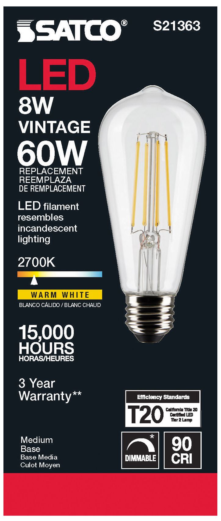 Image 5 60W Equivalent Satco Clear 8W 2700K LED Dimmable E26 ST19 6-Pack more views