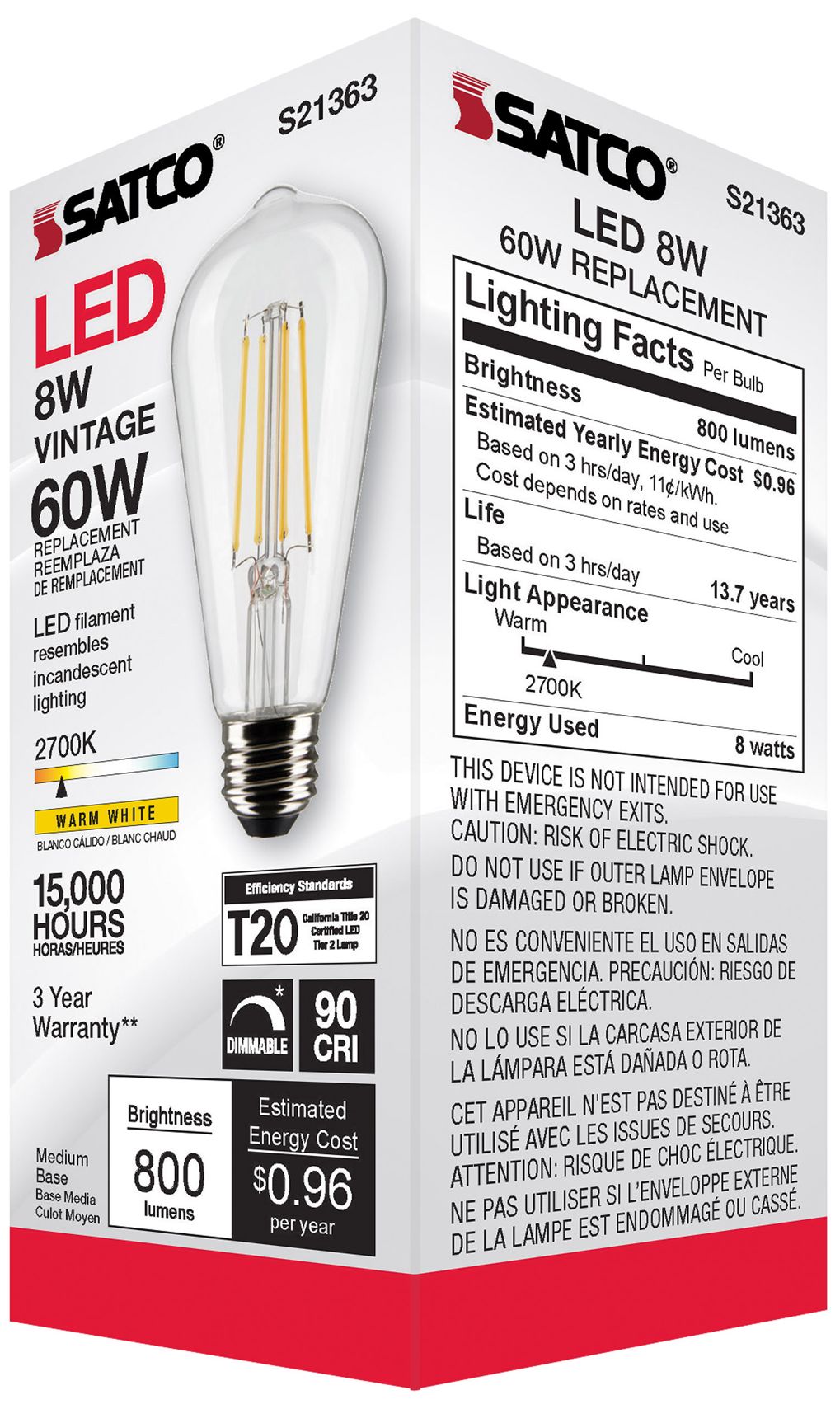 60W Equivalent Satco Clear 8W 2700K LED Dimmable E26 ST19 6-Pack
