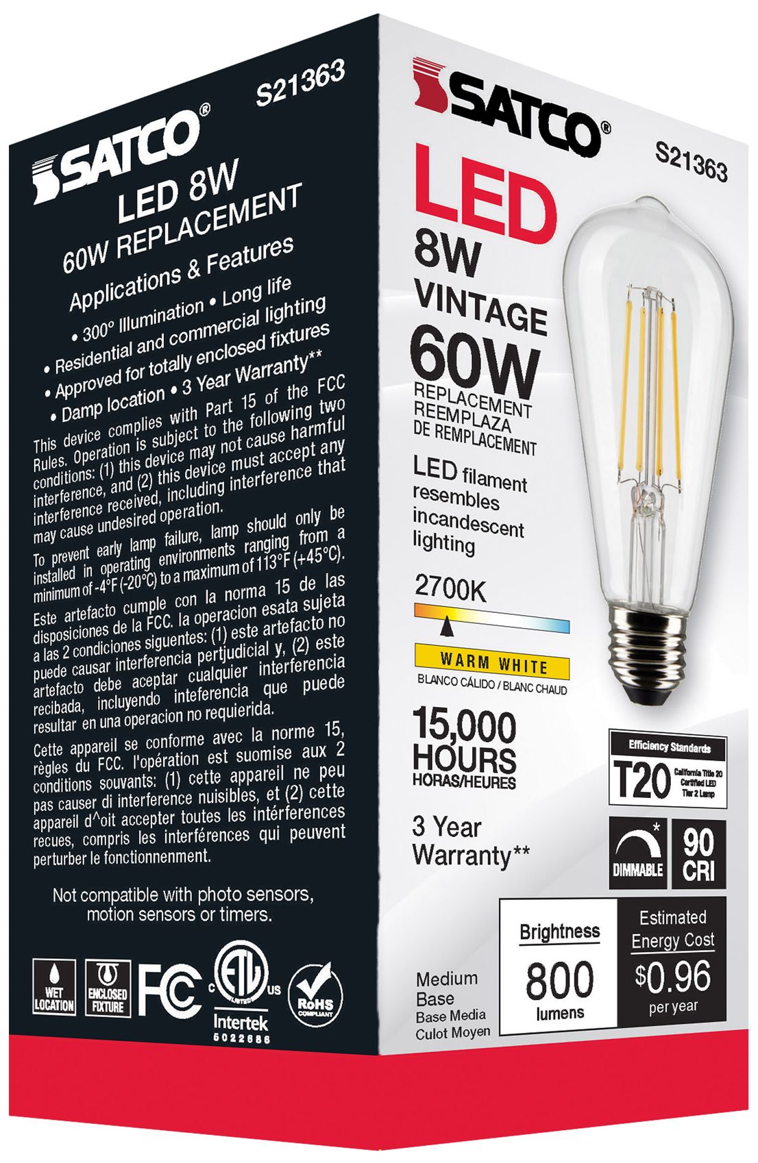 60W Equivalent Satco Clear 8W 2700K LED Dimmable E26 ST19 6-Pack