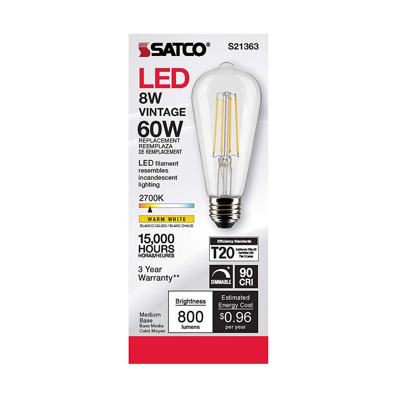 Image 4 60W Equivalent Satco Clear 8W 2700K LED Dimmable E26 ST19 more views