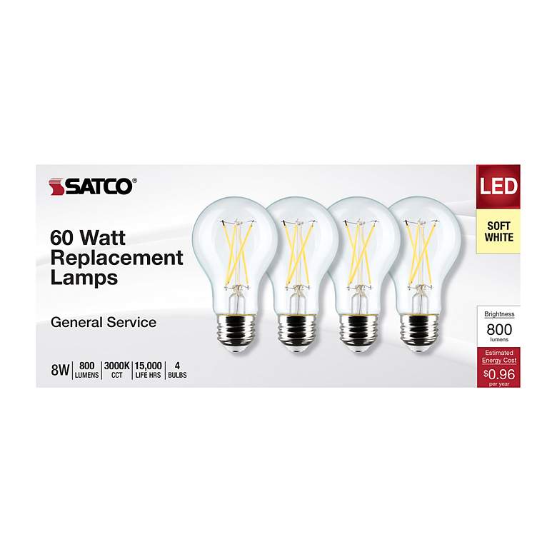 Image 4 60W Equivalent Satco Clear 8W 3000K LED Dimmable E26 4-Pack more views