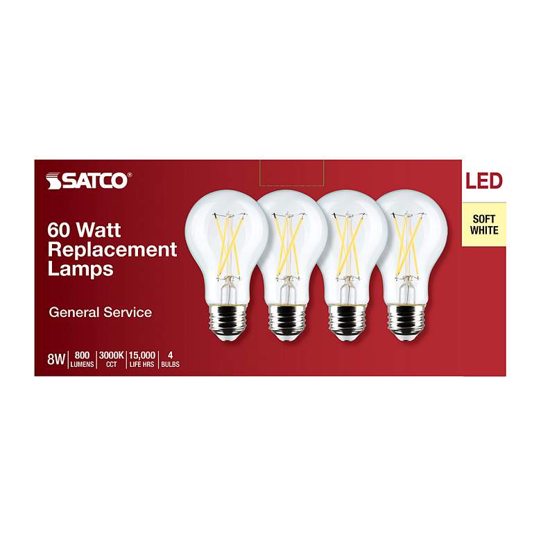 Image 5 60W Equivalent Satco Clear 8W 3000K LED Dimmable E26 4-Pack more views