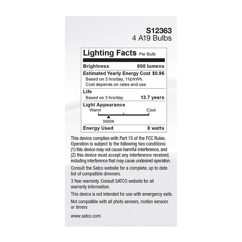 Image 6 60W Equivalent Satco Clear 8W 3000K LED Dimmable E26 4-Pack more views
