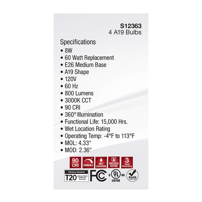 Image 7 60W Equivalent Satco Clear 8W 3000K LED Dimmable E26 4-Pack more views