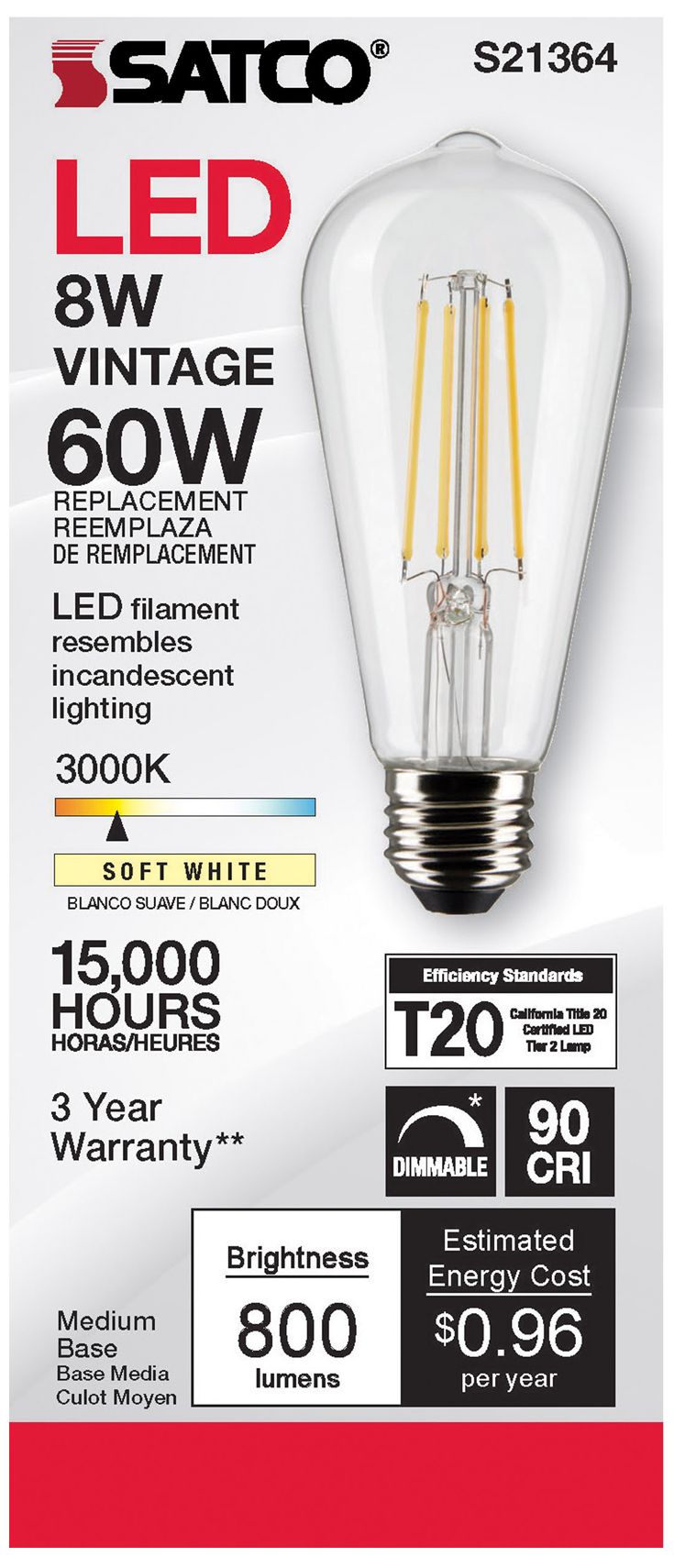 Image 4 60W Equivalent Satco Clear 8W 3000K LED Dimmable E26 ST19 6-Pack more views
