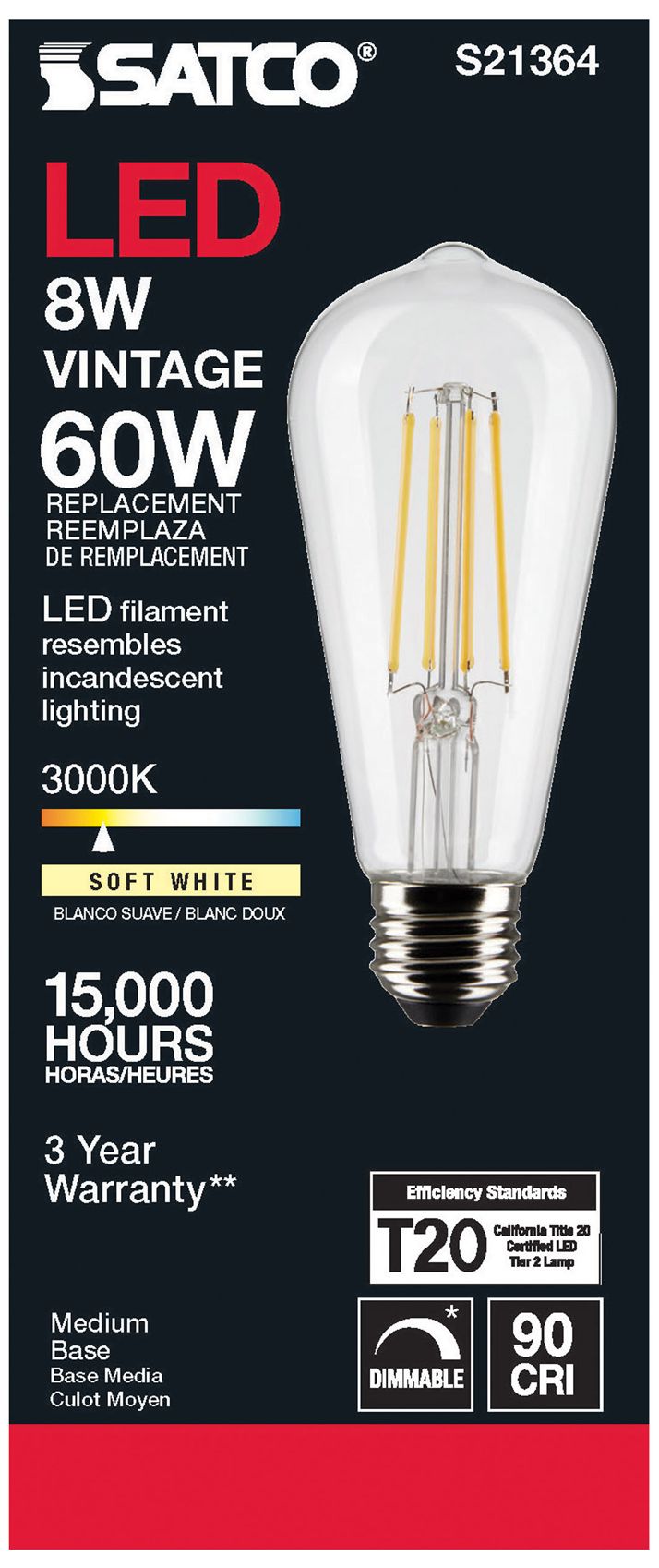 Image 5 60W Equivalent Satco Clear 8W 3000K LED Dimmable E26 ST19 6-Pack more views