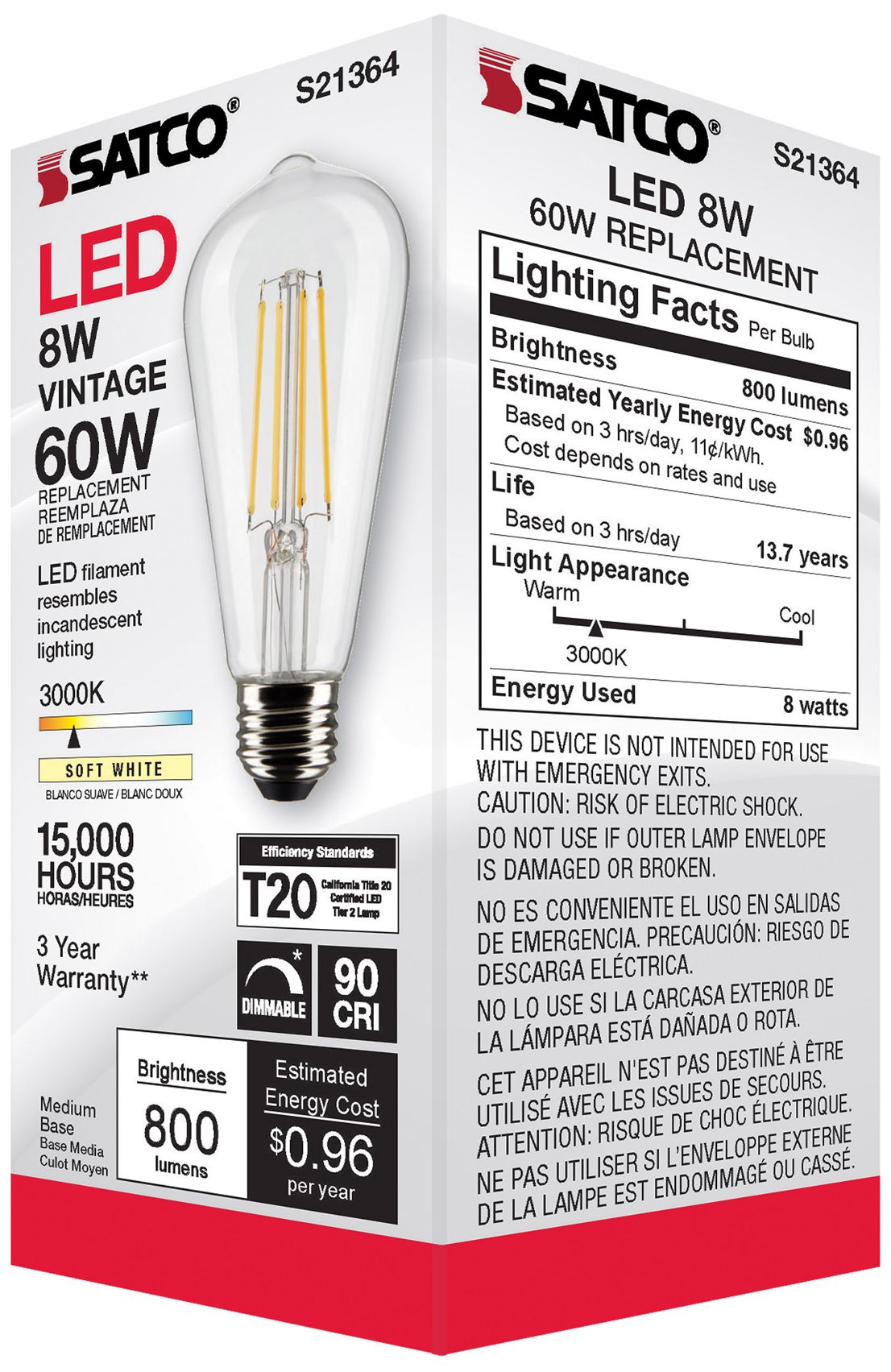 60W Equivalent Satco Clear 8W 3000K LED Dimmable E26 ST19 6-Pack