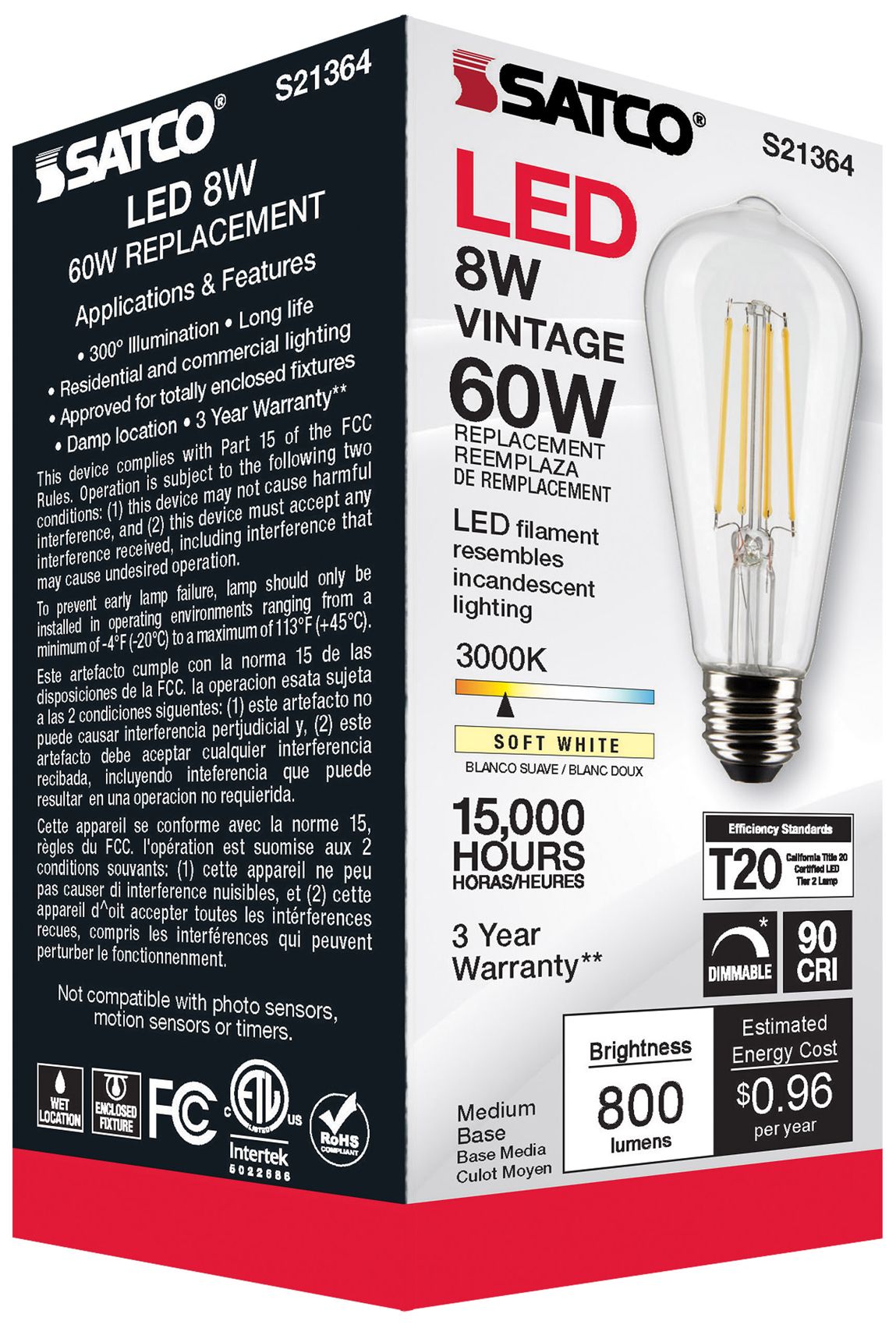 60W Equivalent Satco Clear 8W 3000K LED Dimmable E26 ST19 6-Pack