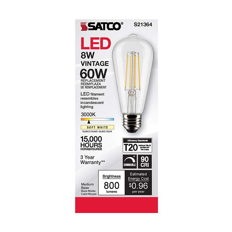 Image 4 60W Equivalent Satco Clear 8W 3000K LED Dimmable E26 ST19 more views