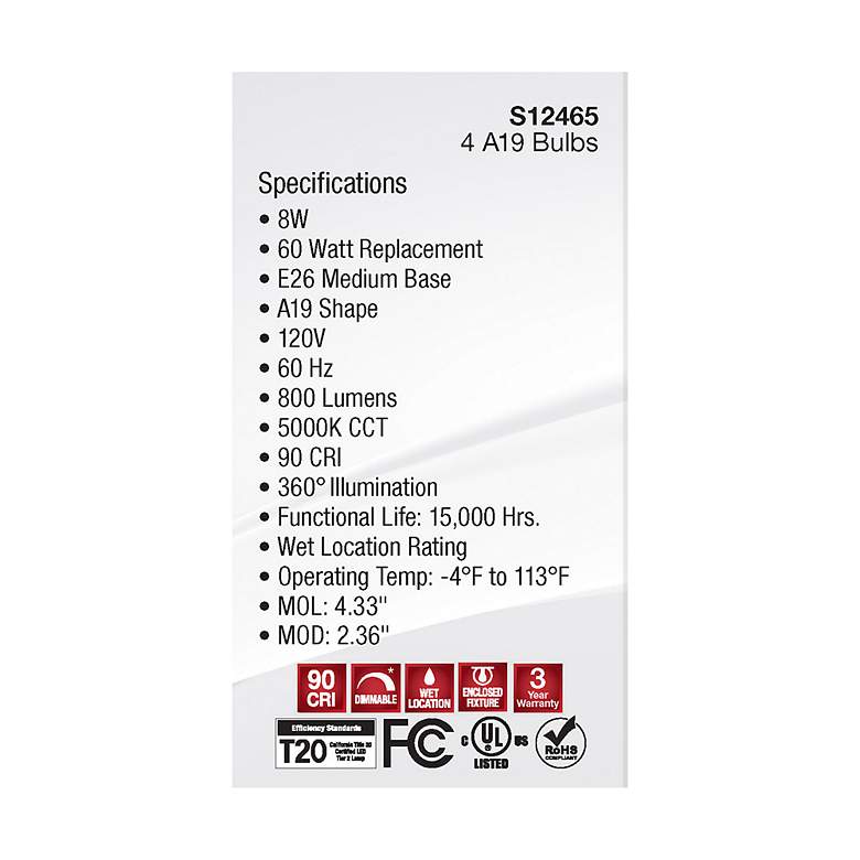 Image 7 60W Equivalent Satco Clear 8W 5000K LED Dimmable E26 4-Pack more views