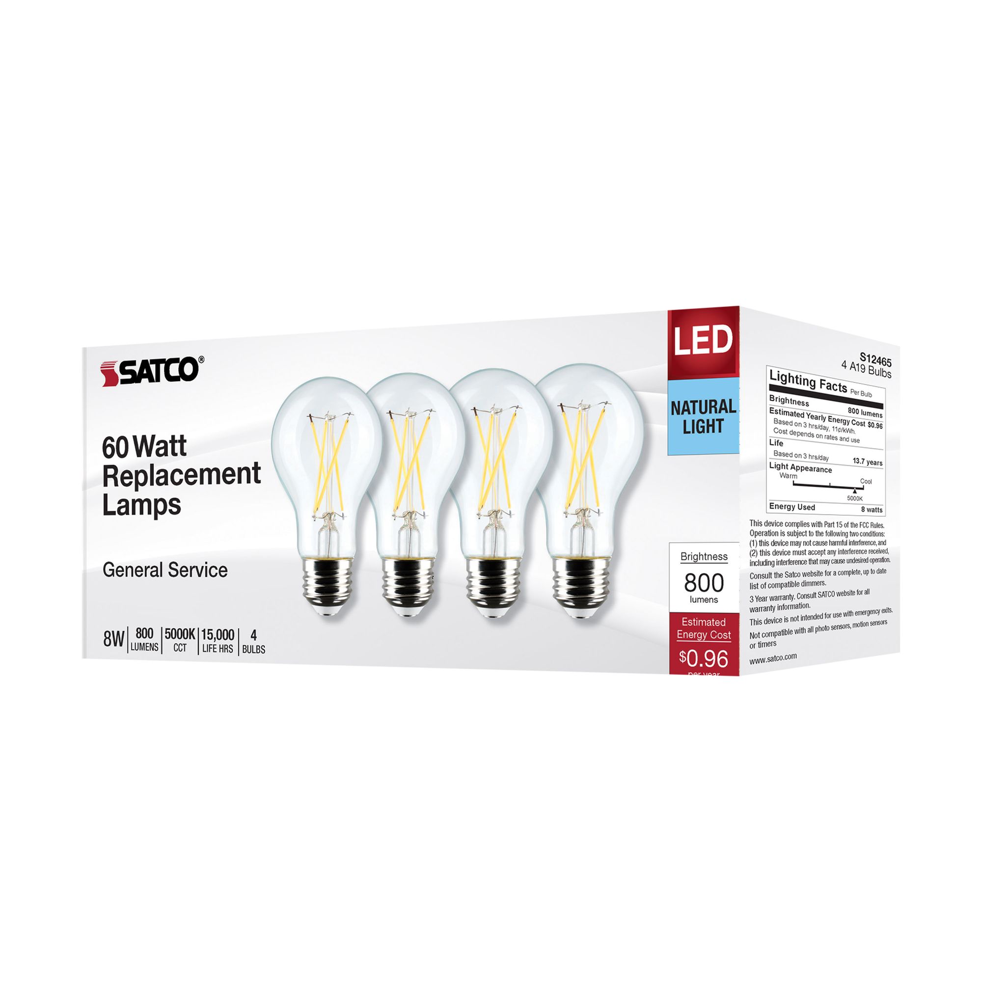 60W Equivalent Satco Clear 8W 5000K LED Dimmable E26 4-Pack in scene