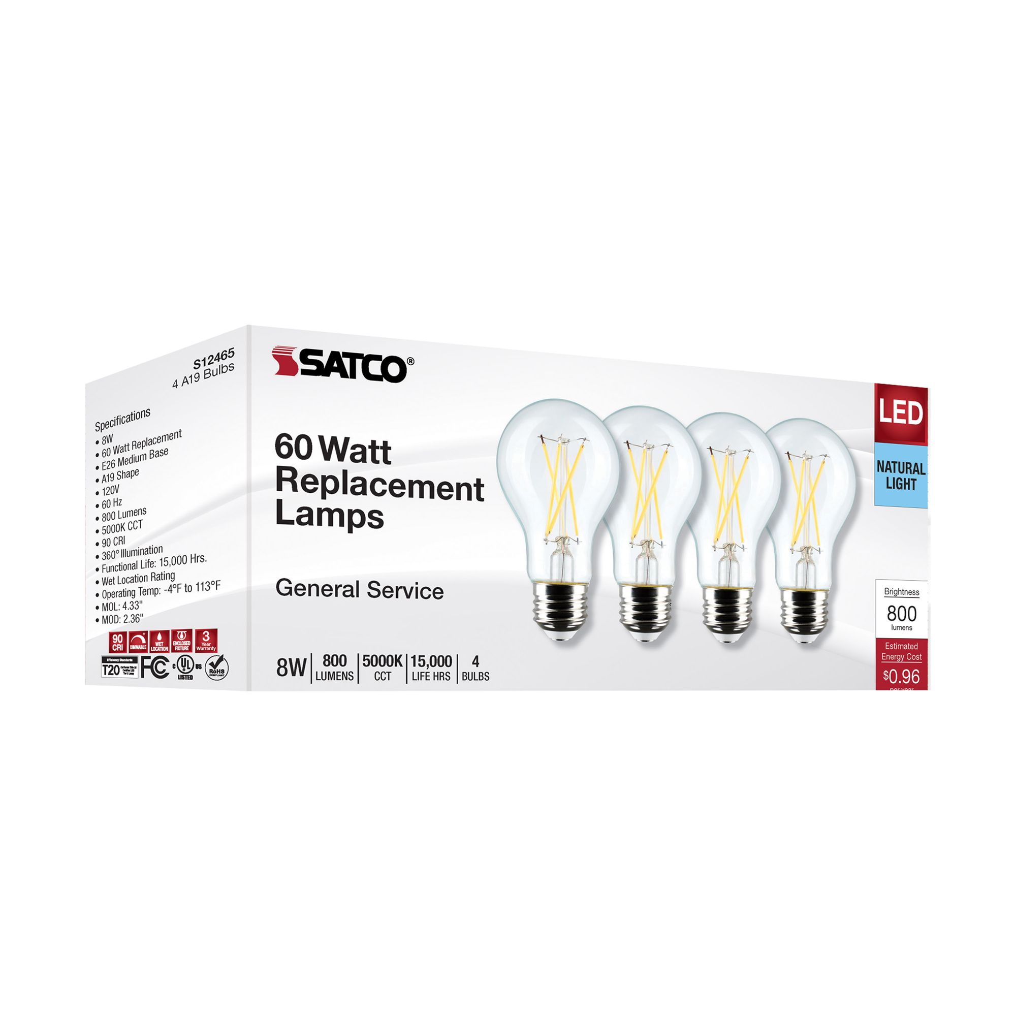 60W Equivalent Satco Clear 8W 5000K LED Dimmable E26 4-Pack in scene