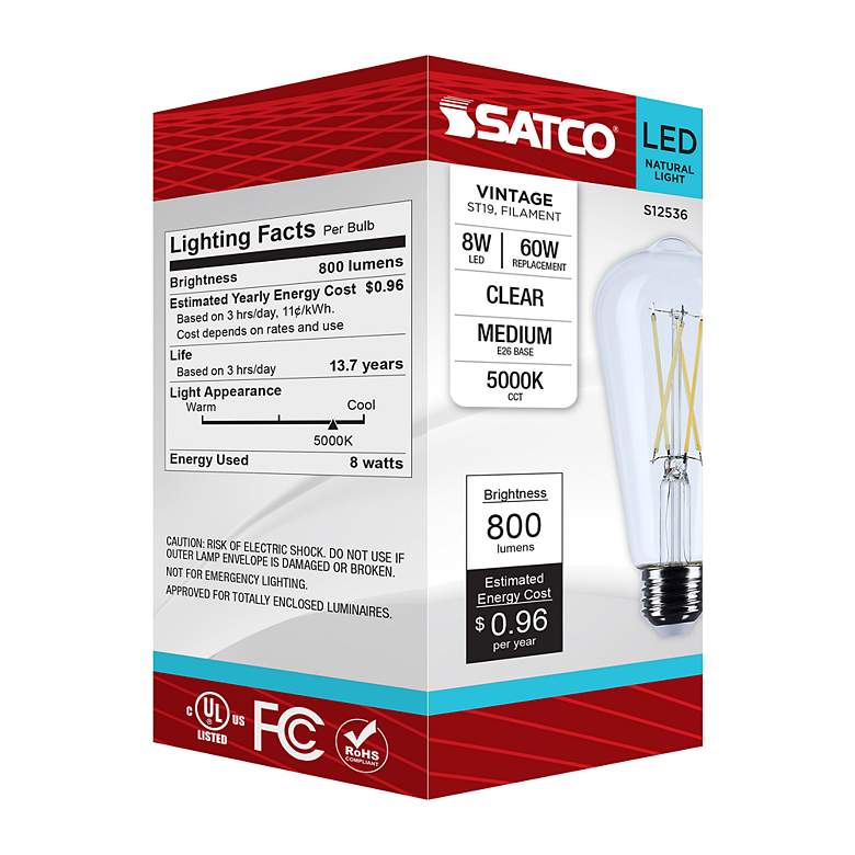 Image 6 60W Equivalent Satco Clear 8W 5000K LED Dimmable E26 ST19 more views