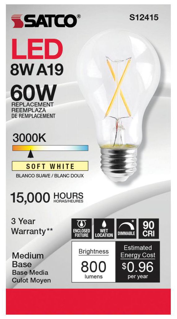 Image 2 60W Equivalent Satco Clear 8W LED Dimmable E26 A19 6-Pack more views
