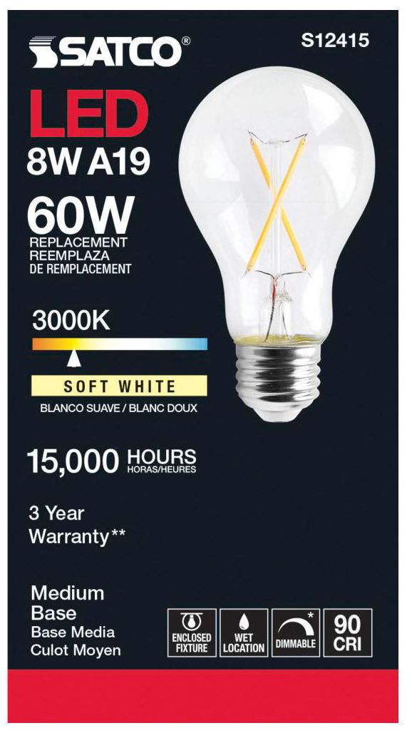 Image 3 60W Equivalent Satco Clear 8W LED Dimmable E26 A19 6-Pack more views