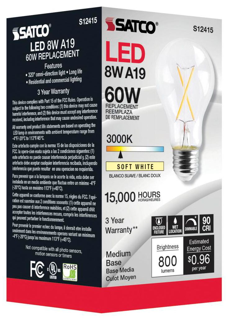 Image 4 60W Equivalent Satco Clear 8W LED Dimmable E26 A19 6-Pack more views
