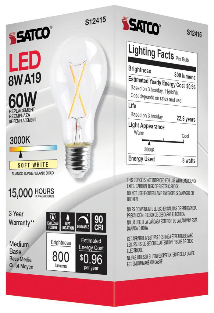 Image 5 60W Equivalent Satco Clear 8W LED Dimmable E26 A19 6-Pack more views