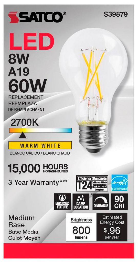Image 2 60W Equivalent Satco Clear 8W LED Dimmable Standard A19 6-Pack more views