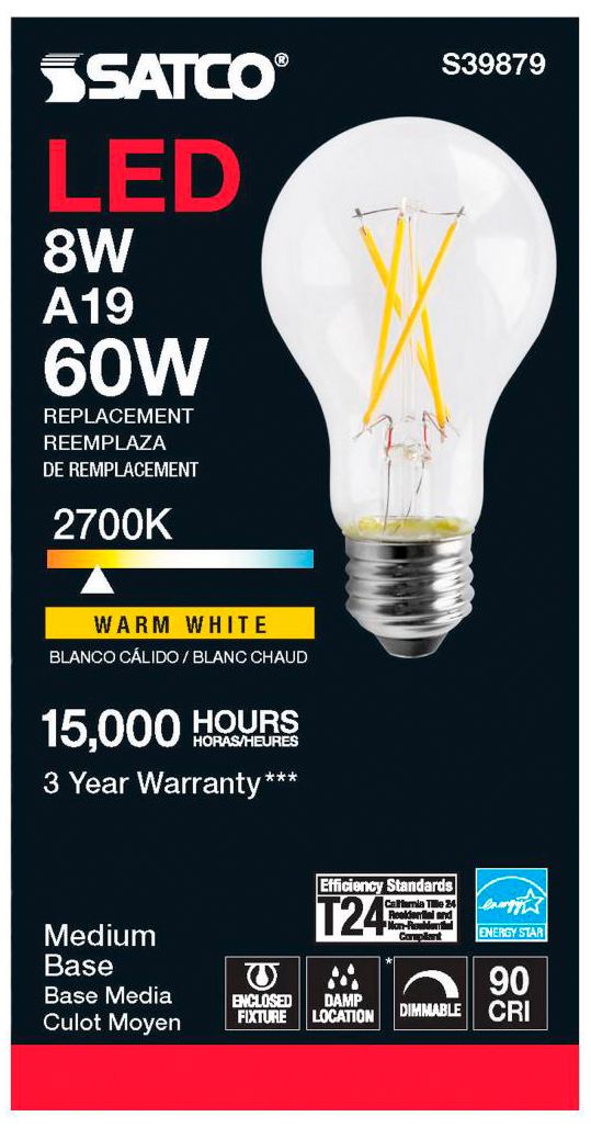 Image 3 60W Equivalent Satco Clear 8W LED Dimmable Standard A19 6-Pack more views