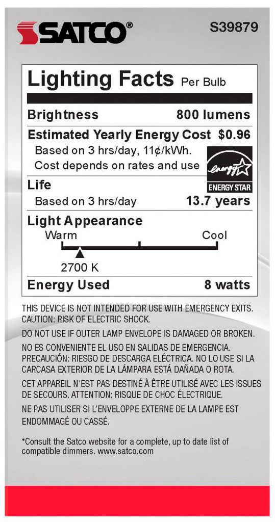 Image 4 60W Equivalent Satco Clear 8W LED Dimmable Standard A19 6-Pack more views
