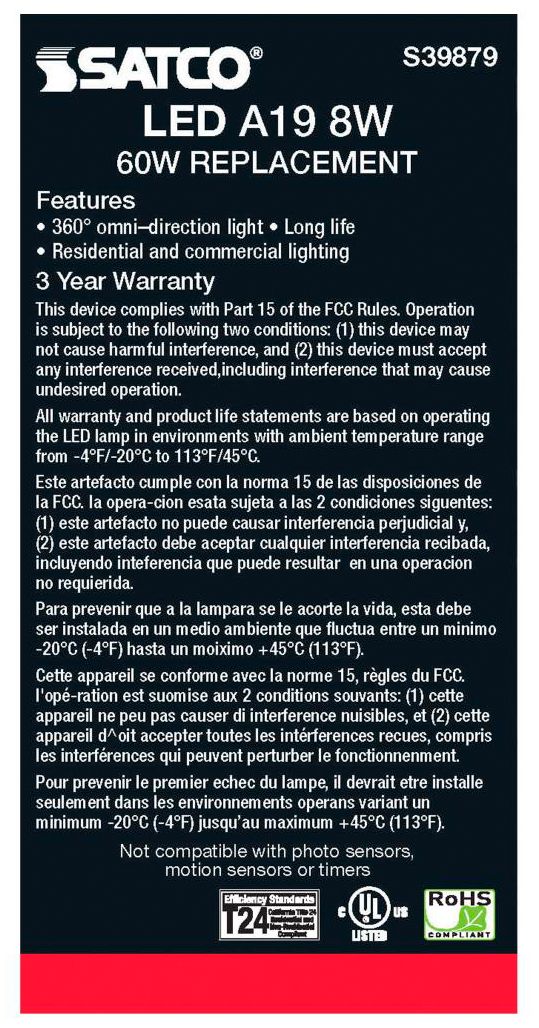 Image 5 60W Equivalent Satco Clear 8W LED Dimmable Standard A19 6-Pack more views