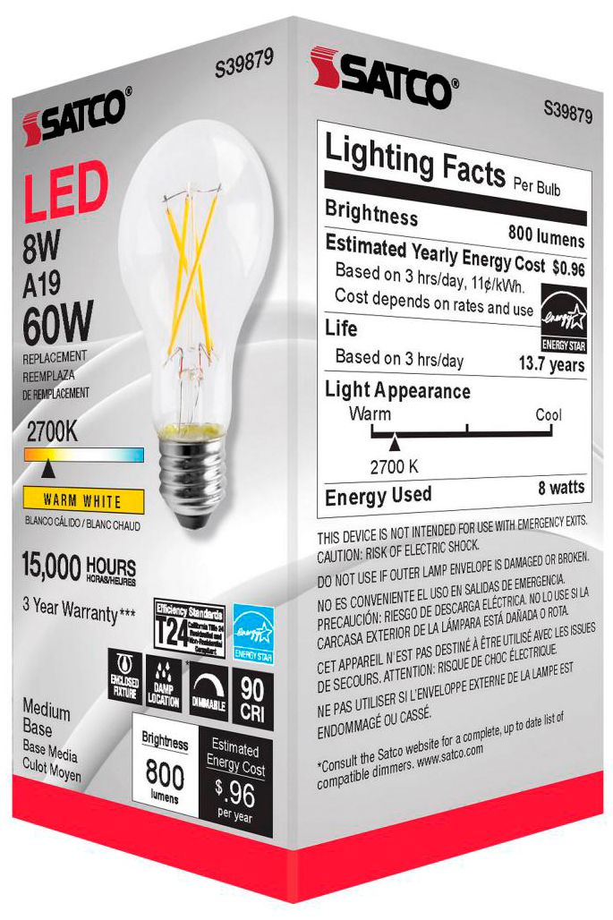 Image 6 60W Equivalent Satco Clear 8W LED Dimmable Standard A19 6-Pack more views