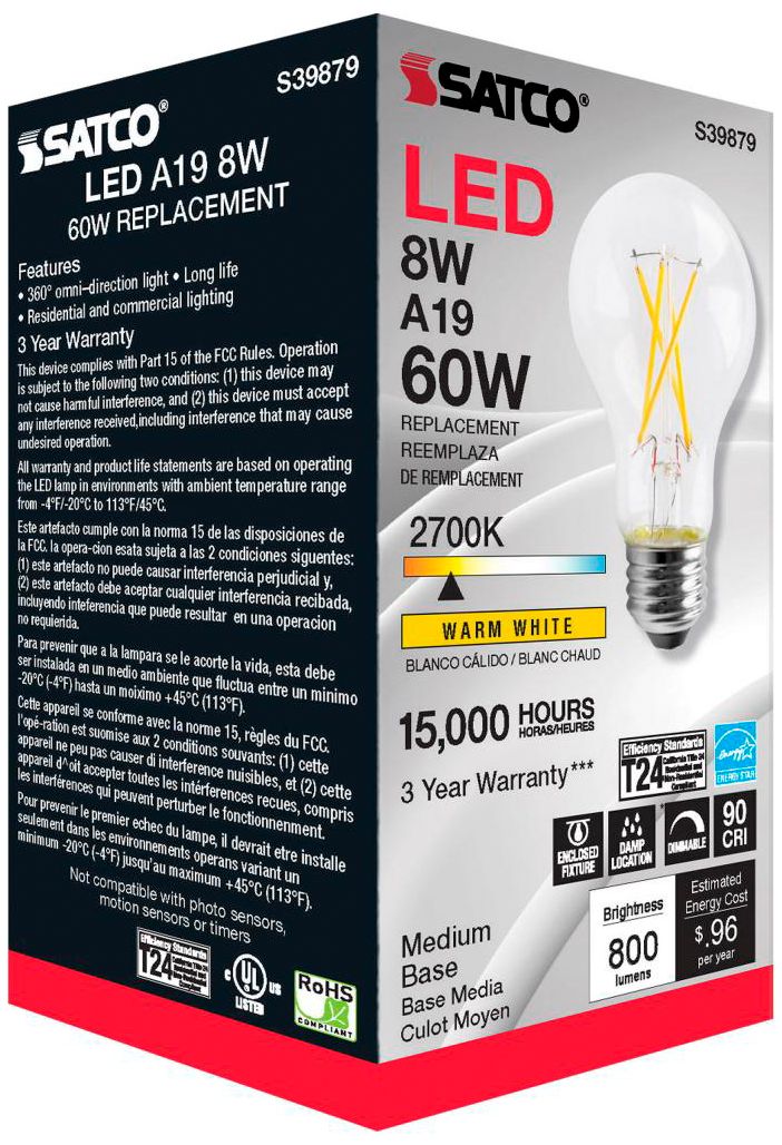 Image 7 60W Equivalent Satco Clear 8W LED Dimmable Standard A19 6-Pack more views