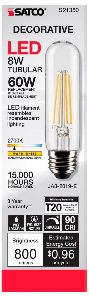 Image 4 60W Equivalent Satco Clear 8W LED Dimmable Standard T10 6-Pack more views