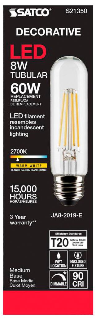 Image 5 60W Equivalent Satco Clear 8W LED Dimmable Standard T10 6-Pack more views
