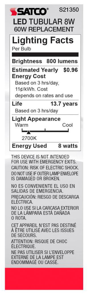 Image 6 60W Equivalent Satco Clear 8W LED Dimmable Standard T10 6-Pack more views