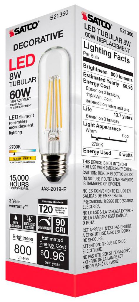 60W Equivalent Satco Clear 8W LED Dimmable Standard T10 6-Pack