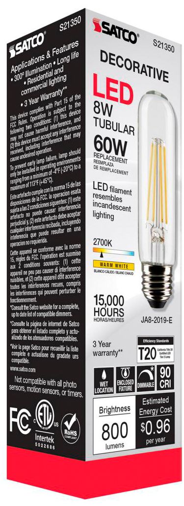 60W Equivalent Satco Clear 8W LED Dimmable Standard T10 6-Pack