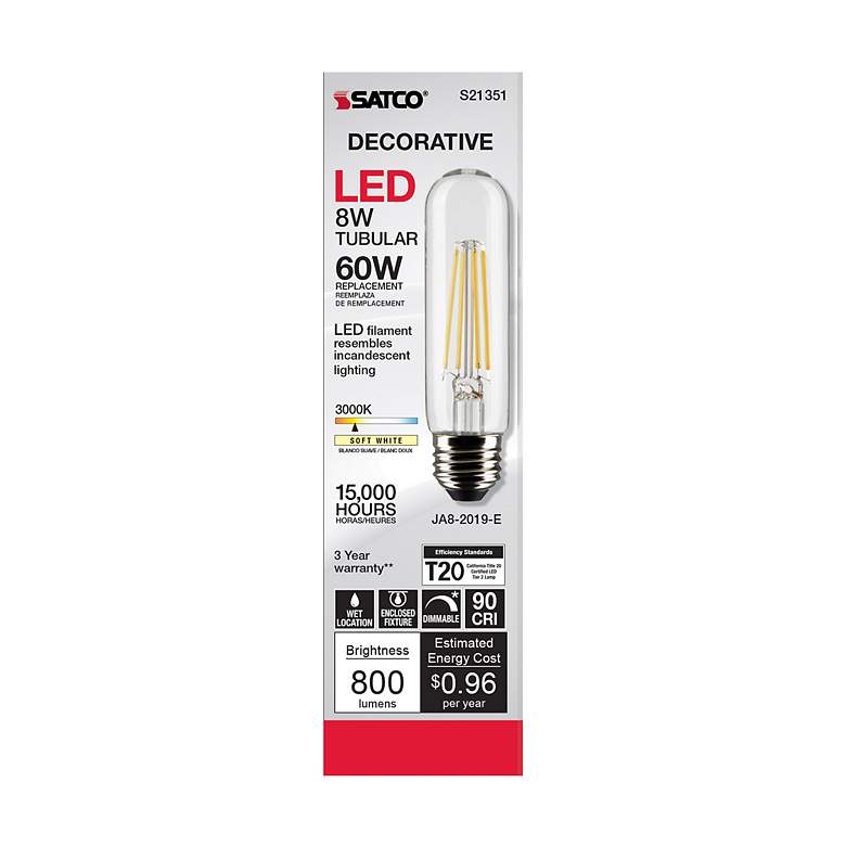 Image 4 60W Equivalent Satco Clear 8W LED Dimmable Standard T10 Bulb more views