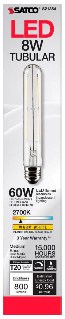 Image 4 60W Equivalent Satco Clear 8W LED Dimmable Standard T9 6-Pack more views