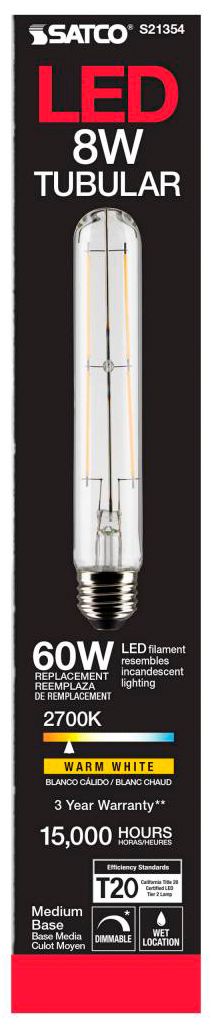Image 5 60W Equivalent Satco Clear 8W LED Dimmable Standard T9 6-Pack more views