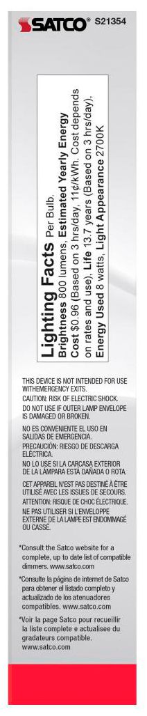 Image 6 60W Equivalent Satco Clear 8W LED Dimmable Standard T9 6-Pack more views