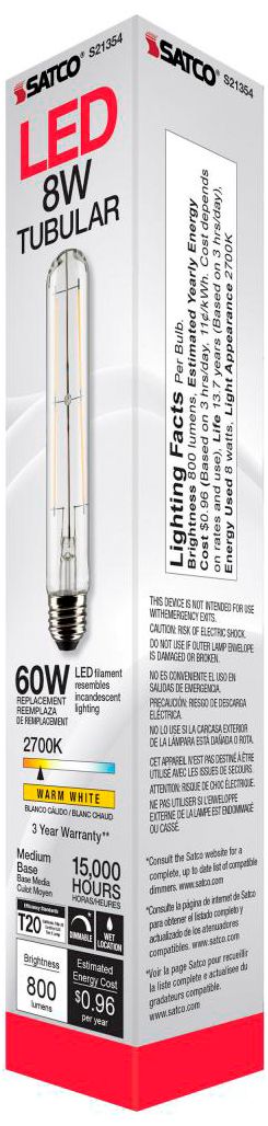 60W Equivalent Satco Clear 8W LED Dimmable Standard T9 6-Pack