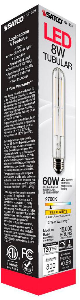 60W Equivalent Satco Clear 8W LED Dimmable Standard T9 6-Pack